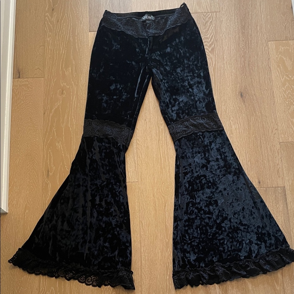 WIDOW Black Velvet Flare Pants with Lace Trim